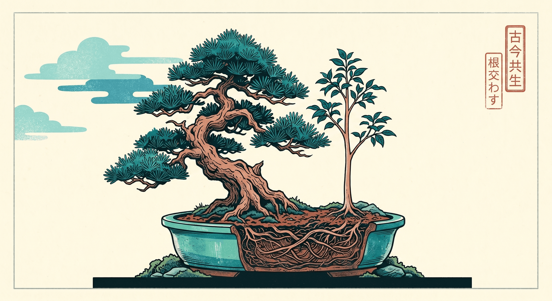 Two bonsai trees sharing a ceramic pot with intertwined roots representing inherited IRA transfers between generations