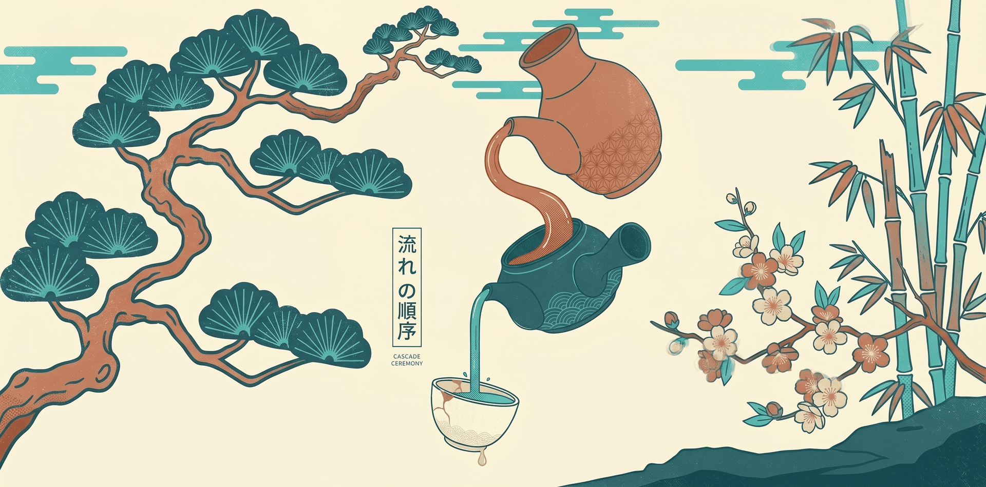 Three ceramic vessels of decreasing size pouring into each other in a cascade from terracotta to teal to cream, representing tax-efficient withdrawal order