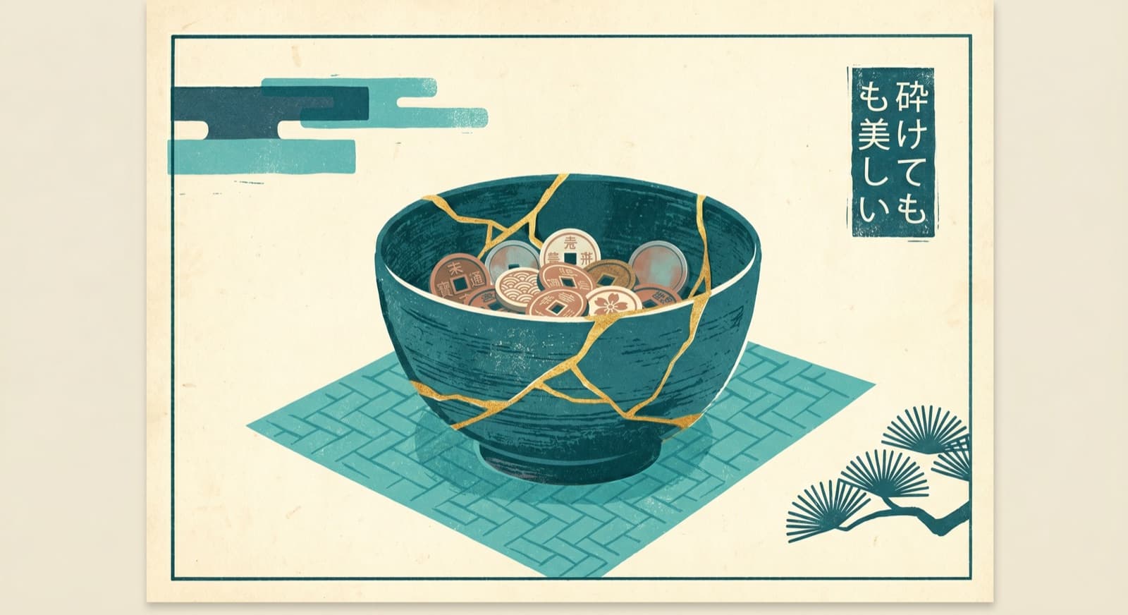 A cracked ceramic bowl repaired with gold seams in the kintsugi style, holding a few coins — the flaws in tax calculations are what matter most